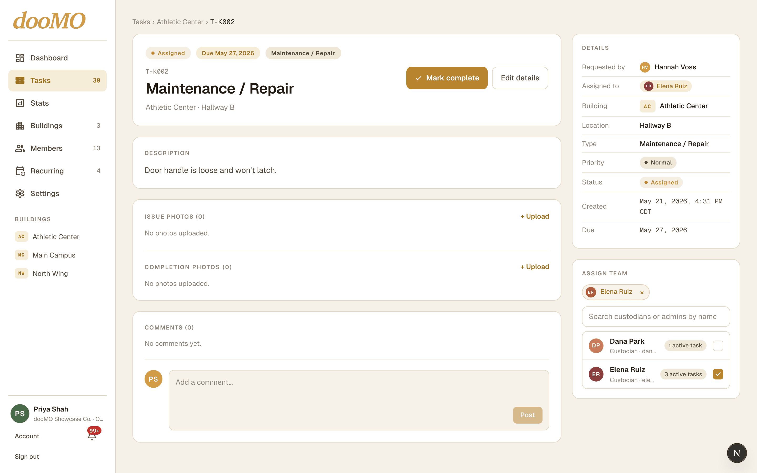 dooMO assign-picker modal showing each custodian's current active-task count
