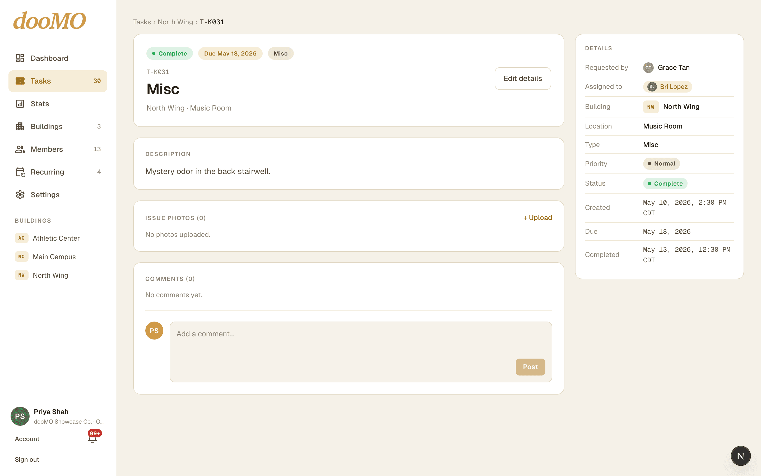 dooMO task detail with completion photos, comment thread, and completion timestamp