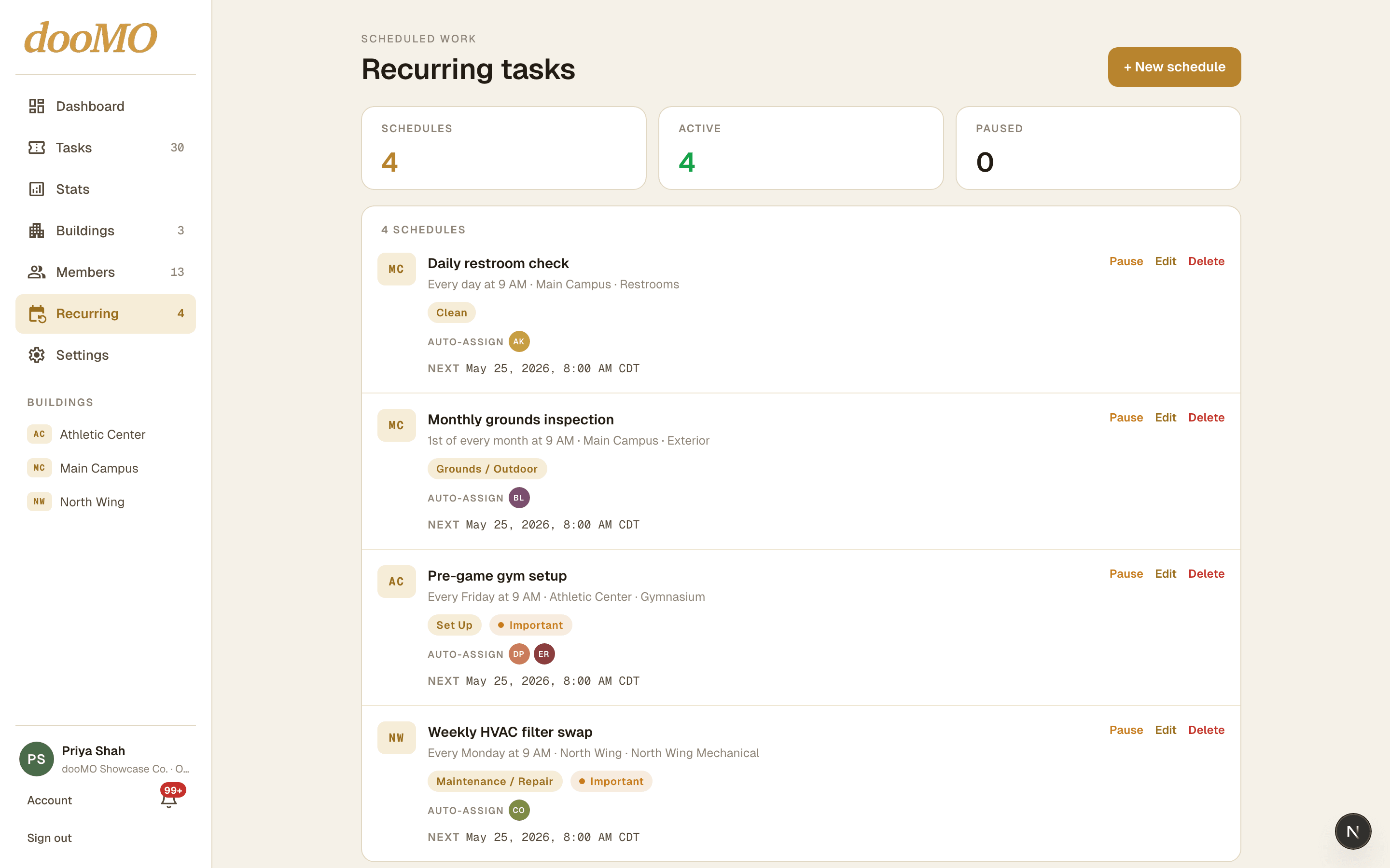 dooMO recurring tasks list with daily, weekly, and monthly schedules