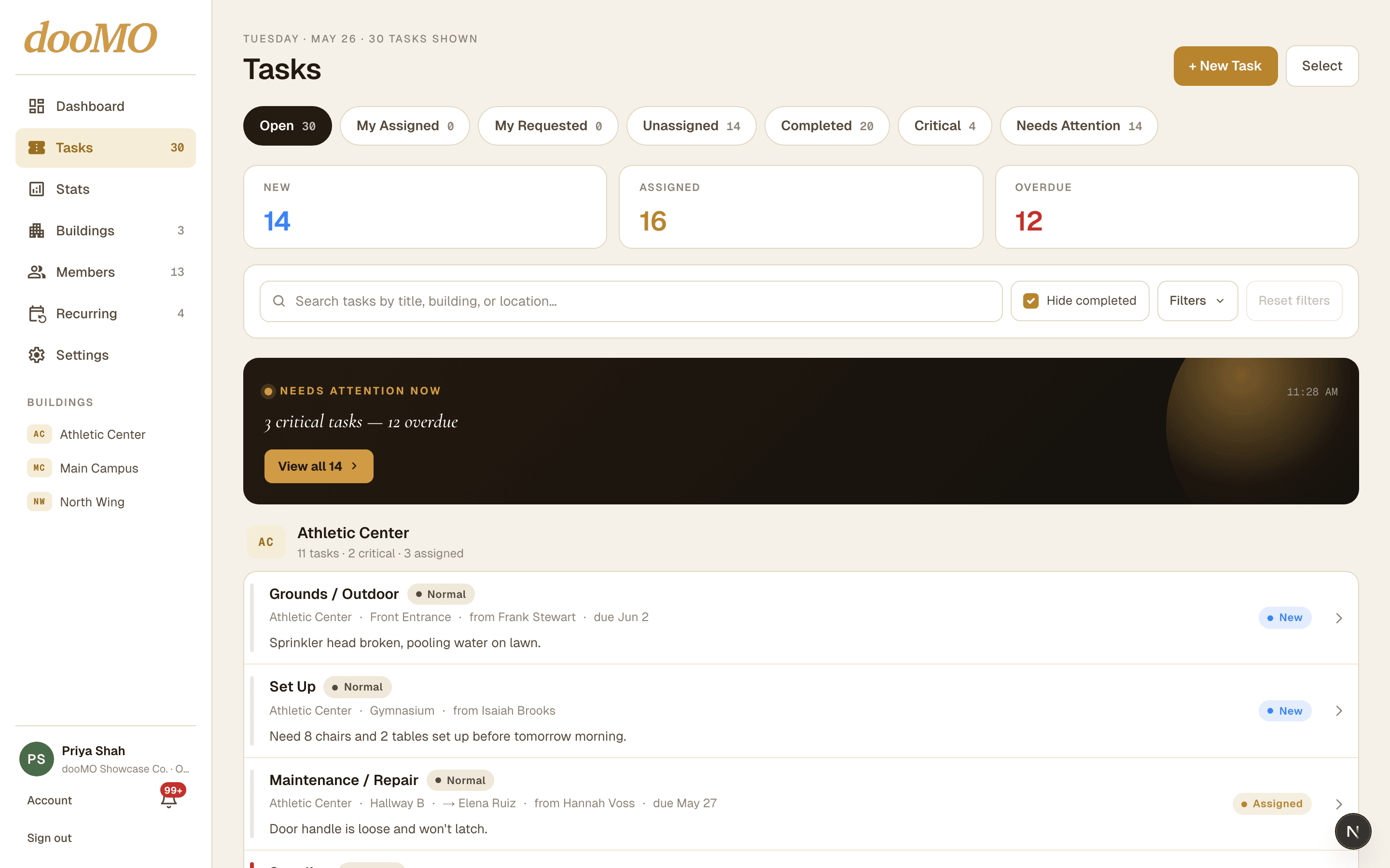 dooMO tasks page showing prioritized tasks across multiple buildings