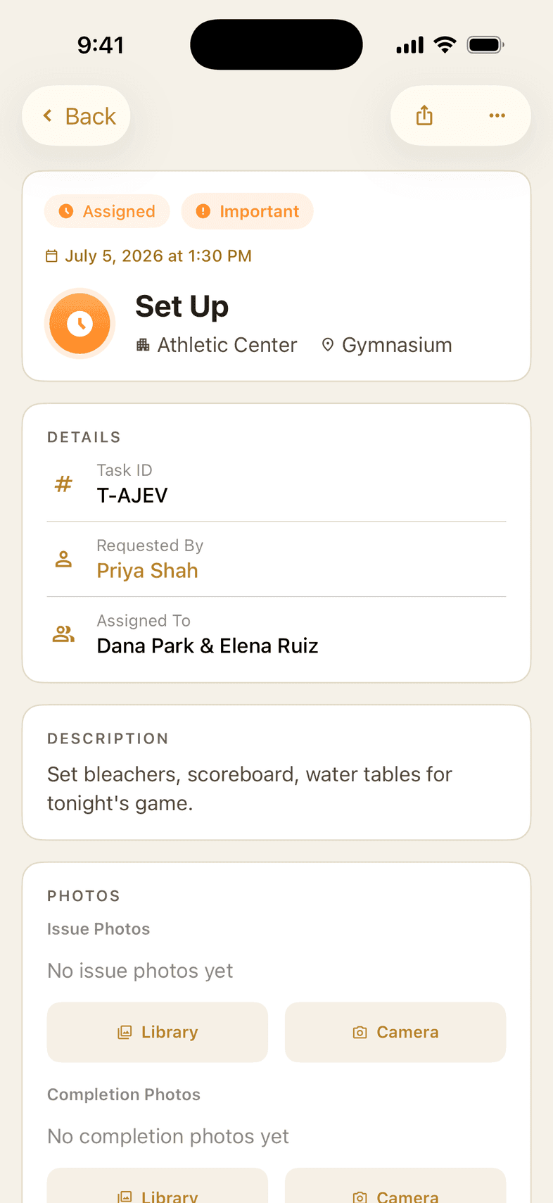 dooMO iOS task detail with status, assignees, and photo proof