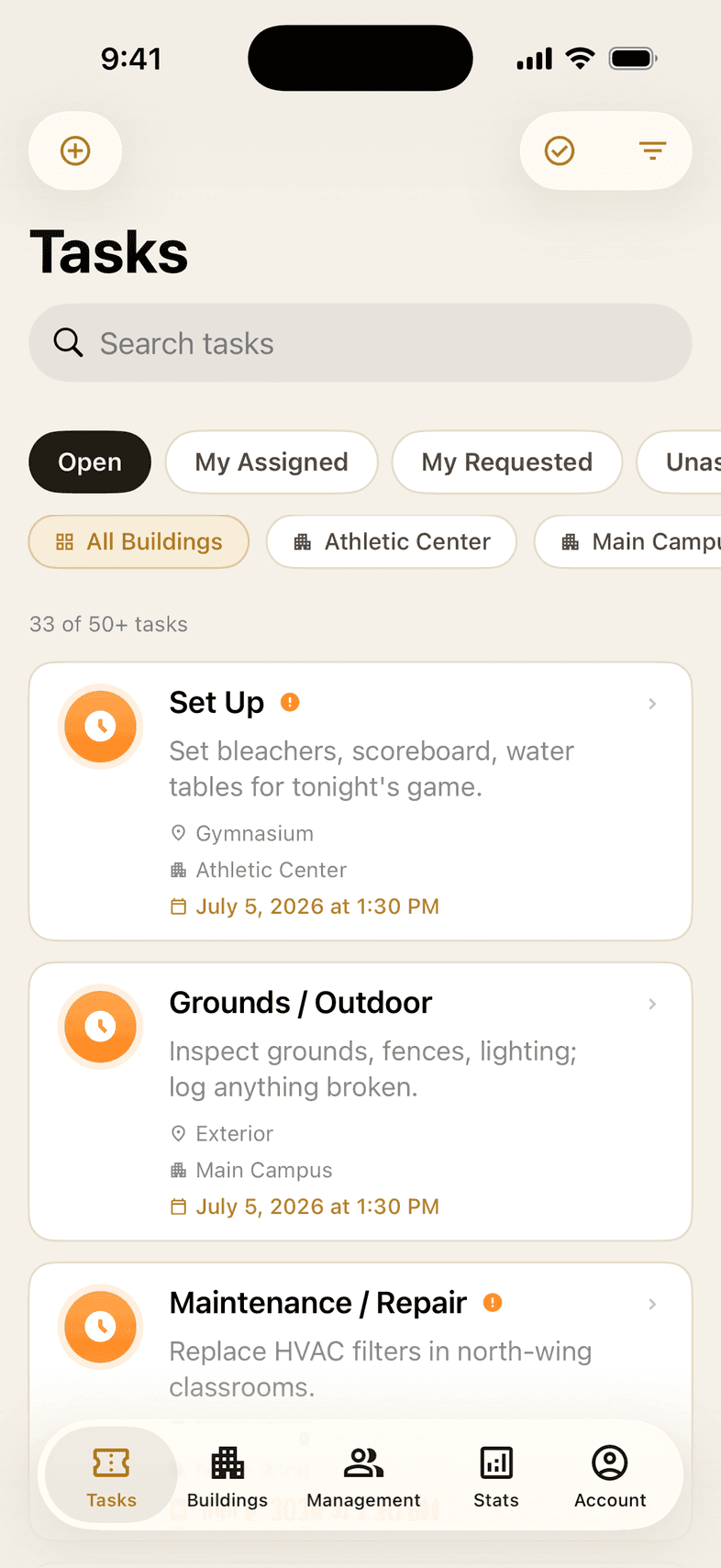 dooMO iOS app task queue across buildings with priority and status